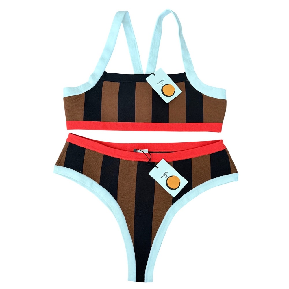 Tropic of C La Plage Bikini Set Brown Black Striped Top Bottoms Medium NWT